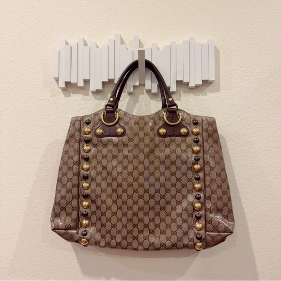 Authentic Gucci Beige Ebony GG Crystal Canvas Babouska Heart Tote Bag Large - Picture 7 of 14